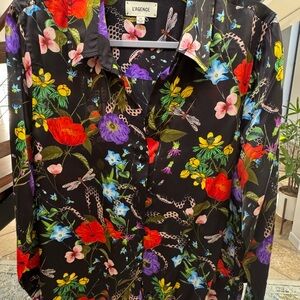 L'AGENCE Black Floral Button-Up Blouse with Red, Purple, Yellow & Blue Blooms